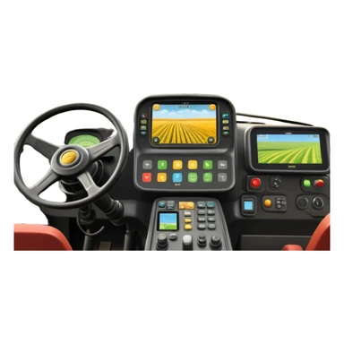 a view from the tractor cabin, with the dashboard in focus, overlooking a vibrant rural landscape. Inspired by Farming Simulator 22, the scene includes fields, crops, and distant barns under a bright sky. The design highlights the immersive experience of farm management. transparent background sticker