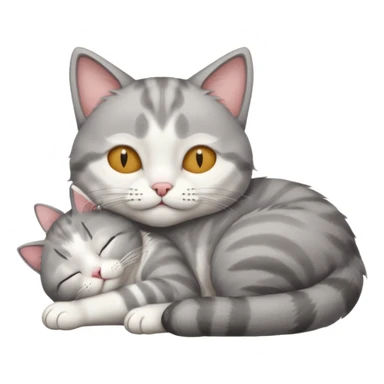1 grey and white small cat with his eyes closed lying down leaning on his elbow with his paw curled under his head holding it up sticker