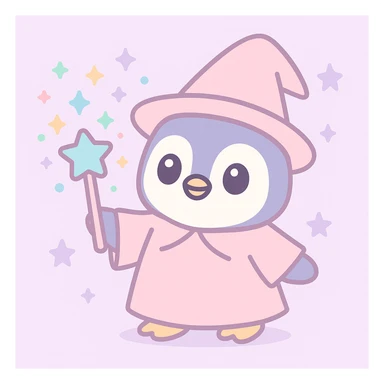a cute penguin wizard casting a spell, wearing a robe and holding a wand, magical sparkles around sticker