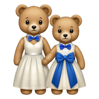Teddy bear wearing white wedding dress holding the hand to another teddy bear wearing a big royal blue bow tie. The one with the white dress has no bows sticker