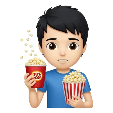 generate a pretty fair bratz boy with a blue tshirt on. eating popcorn. messy black hai sticker