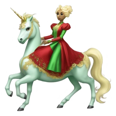 "galora green blonde alien woman" in red Victorian elegant dress, full body, rides unicorn gold and white
 sticker