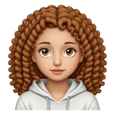 Una ragazza con una felpa semplice bianca,ha gli occhi marroni,i capelli marroni  , c’è gli ha lunghi e ricci molto ricci  ma non troppo e ha le ciglia stile emoji apple sticker