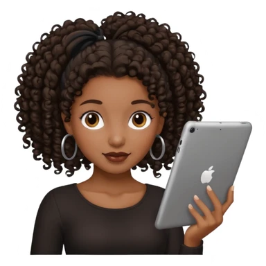 Dark brown Black girl with curly ponytail holding ipad sticker