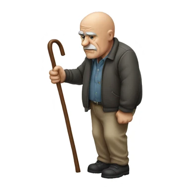 Bald Old man leaning on a walking cane holding his back with his hand grumpy face, detailed sticker