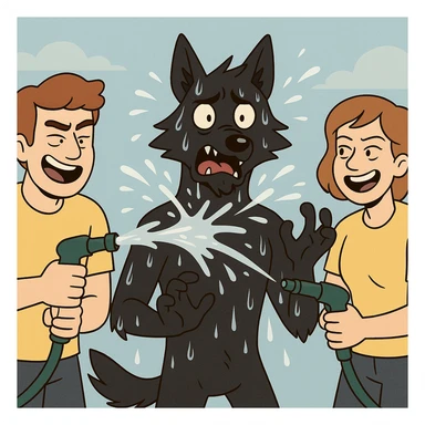 people in yellow shirts spraying water on an anthro black wolf in flat toon style sticker