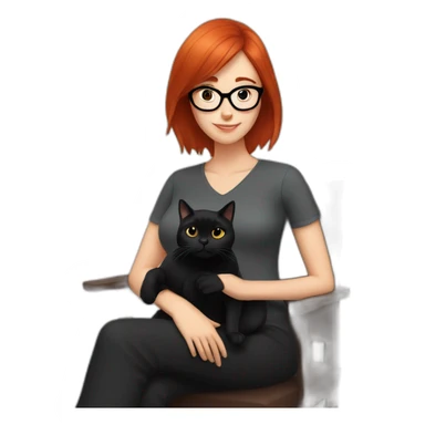 woman with straight red hair and black-rimmed glasses, with a black cat on her lap sticker
