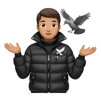 puffer shiny black jacket man open arms looking at a flying pigeon sticker