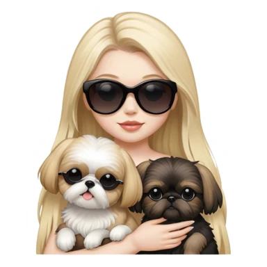 Blonde girl with long hair and pale skin and black sunglasses holding 1 tan Shih Tzu and 1 black Shih Tzu sticker