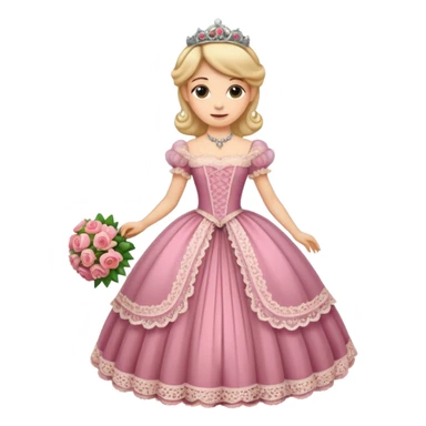 An emoji portrait of a Victorian princess. She is wearing an elaborate crinoline ball gown with intricate lace trim and ribbons. She wears a tiara on her head, and her expression is poised and proper. She is holding a small bouquet of flowers. sticker