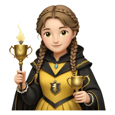 Helga Hufflepuff,the Hogwarts founder of Hufflepuff,brown-haired,2braids,yellow-black medieval dress with black cloak decorated with gold braiding,flickering magic wand and tiny two-handled shiny gold cup engraved with the badger silhouette,very kind smile,curvy busty sweet sticker