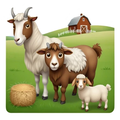 Icon for Domestic Hooved Animals: A gentle collage featuring a brown goat with large, curious eyes, a calm sheep with soft wool and a horse with a flowing mane. Background with a green pasture and a few hay bales. Transparent background. sticker