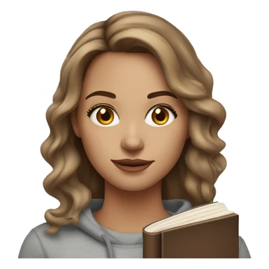 a white woman with makeup and long brown wavy hair with highlights. wearing a grey sweatshirt and holding books sticker