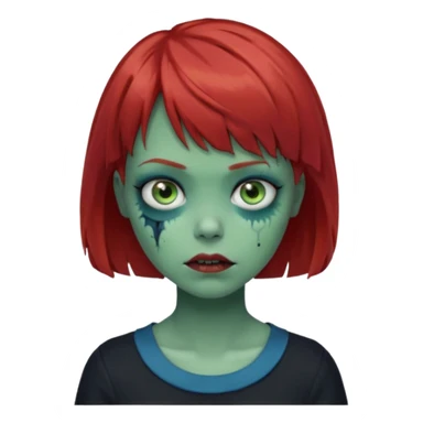 Zombie girl emoji with short red hair and bangs. Blue eyes, green skin, and a black top Her hair is slightly wavy sticker