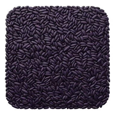loose scatter of uncooked black rice grains, glossy elongated shape, deep purplish-black color, smooth slightly curved surface, subtle natural variations in tone, soft lighting, subtle shadows, emoji scale sticker