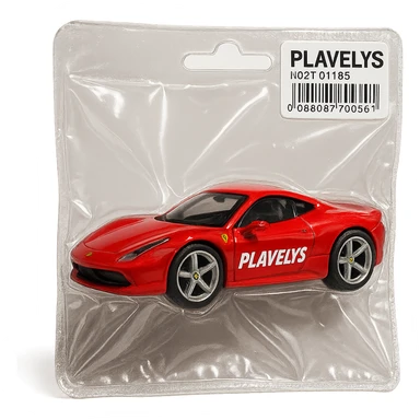 red Ferrari car with the word 'PLAVLEYS' on the side, inside a Hot Wheels style blister package, glossy and puffy, no background sticker