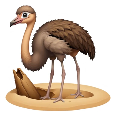 An ostrich standing next to a hole, with their neck bent and their head in the hole in the sand. Illustrating the idiom, to stick your head in the sand.  sticker