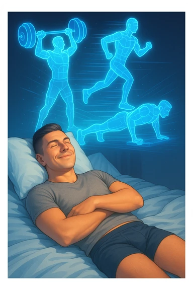 "Un uomo rilassato sdraiato a letto (in pigiama o biancheria intima), con gli occhi chiusi e un sorriso soddisfatto. Dal suo corpo si stacca un doppio olografico luminoso (il suo 'sé visualizzato') che invece sta facendo esercizio fisico con energia: solleva pesi, corre su un tapis roulant invisibile o fa flessioni a mezz'aria. sticker