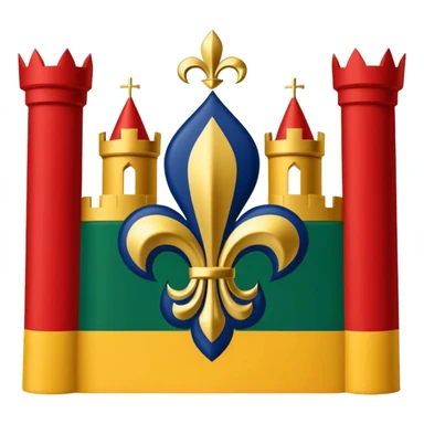 Louisiana Creole flag in 4 boxes: gold fleur-de-lis on deep blue/black; green, yellow, red stripes in upper right and lower left with green star in upper right; yellow castle on red in lower right. Flat vector, clean, high contrast, clear at small size. sticker