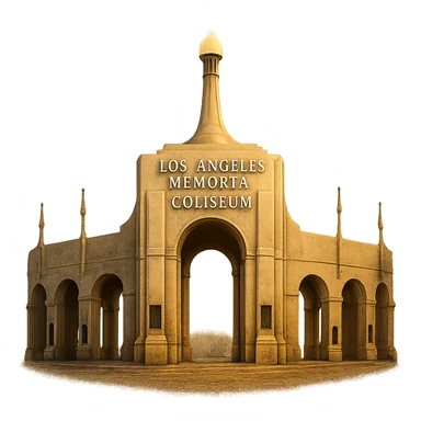 cinematic, realistic emoji of the Los Angeles Memorial Coliseum, majestic ornate architecture, lifelike detail, regal lighting, transparent background sticker
