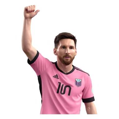 Lionel Messi in a Miami soccer kit, celebrating a goal, arms raised, pink and black jersey sticker