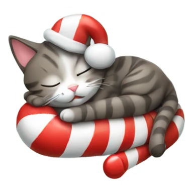 Happy sleeping cat holding a candy cane sticker
