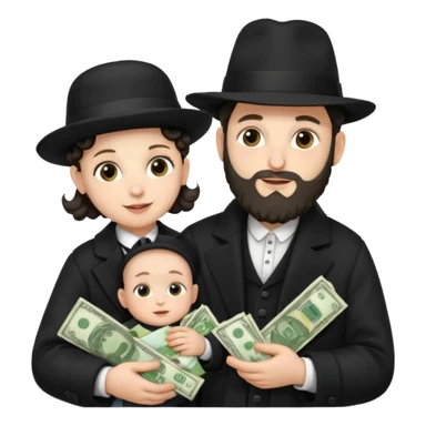 Jewish rabbi wearing traditional religious apparel with two side hair curls holding money and baby sticker