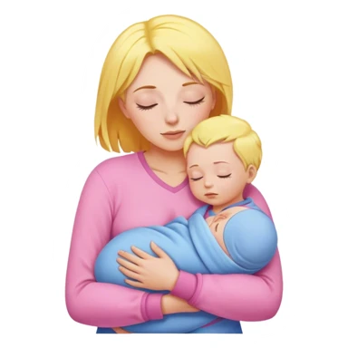 A mother with yellow hair and pink clothes holds a sleeping baby in blue clothes sticker