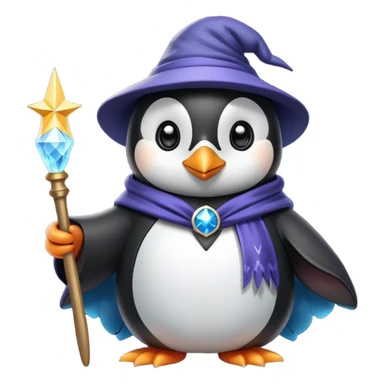A cute penguin wearing a wizard hat and robe, holding a magic wand sticker