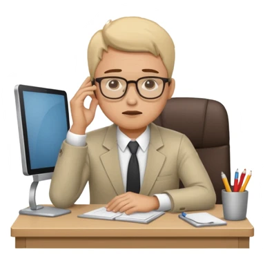man sitting at his workplace, working hard, very tired, focused face sticker