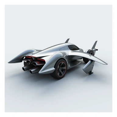 rear angle view of a highly aerodynamic, streamlined flying car with a metallic photorealistic finish, two wings on top, two on the sides, propellers on all wings, visible wheels, smooth flowing design, inspired by high-speed electric vehicles and aircraft sticker