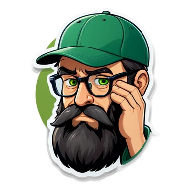 A man with a grey baseball cap, green eyes, big dark brown beard and glasses, facepalm sticker
