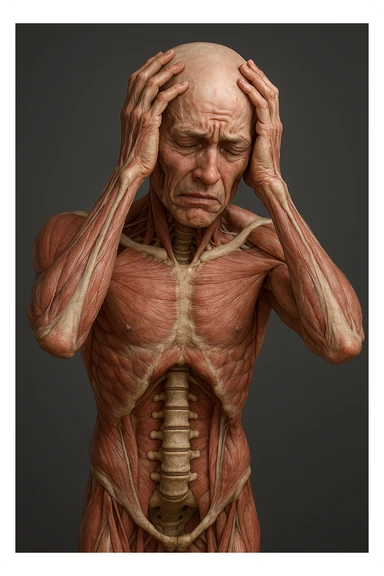 CORPO UMANO ANATOMICO con spina dorsale in evidenza, molto stanca e stressata mentre si tiene le mani sulla testa, IPERREALISTICO 4K sticker