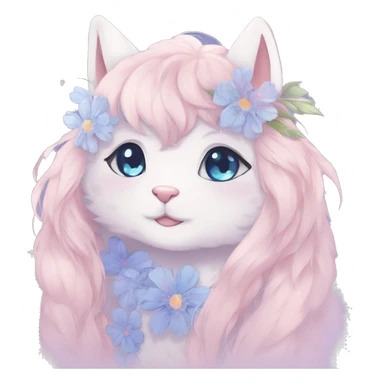 Anthro Cute Cool Blushing Pastel Innocent Shy Kawaii gorgeous sparkly ethereal fantasy anime animal creature with blue eyes furry sona with flowers and ribbons beautiful aesthetic sticker