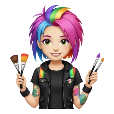 artist-girl with rainbow hair and brushes in black punk-clothing smiling sticker
