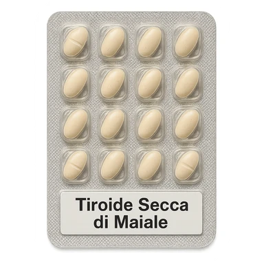 transparent blister pack with beige oval tablets, label visible with 'Tiroide Secca di Maiale', isolated on white, clinical style, hyperrealistic 4K details sticker