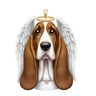 Elderly Basset hound with angel wings, wearing a large letter D bling necklace sat in a meadow  sticker