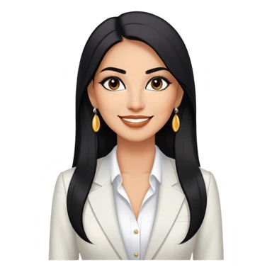 beautiful fit tall woman boss, with long straight black hair, with make up, black eye liner, smile, mexican, brown skin, wearing beautiful profesional outfit and white earings sticker