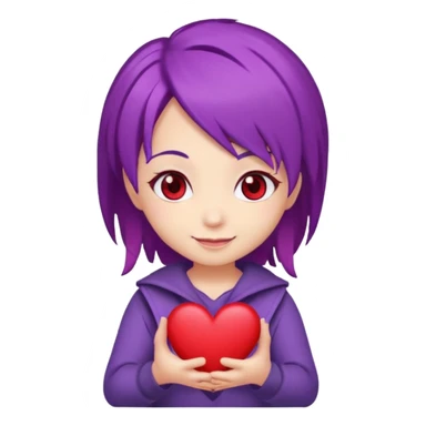 A chibi cartoon with purple hair red eyes holding a heart sticker