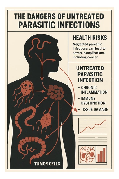 a man’s silhouette is filled with stylized images of parasites and tumor cells, connected by red lines or arrows to show cause and effect. The background features a medical chart or infographic about the dangers of untreated parasitic infections. The overall tone is serious and educational. sticker