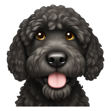 Black labradoodle with a white chin sticker