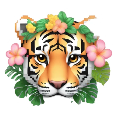 Pixel art of a pixel pastel tiger wearing tropical flowers and leaves, flower crown, floral, pixel sticker