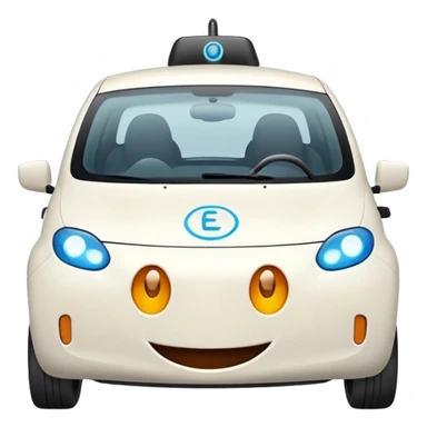Smiling EV car with circle eyes, EV charger on the right, cheerful emoji style sticker