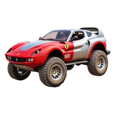 Satan’s and Barbie (post race) Ferrari -colored Dirty and dented Local Motors Rally Fighter off road race car hot rod trophy truck-style basher flying on a dusty road (silver wheels) sticker