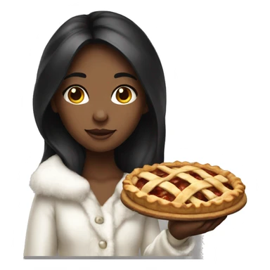 A girl wearing a white fur coat holding an apple pie in her hand with black long hair  sticker
