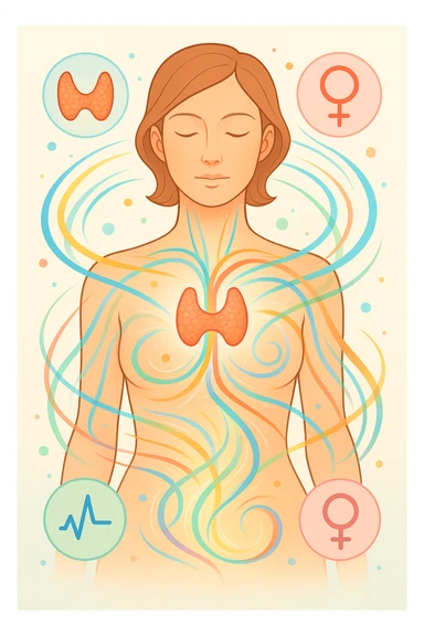 Il corpo è circondato da simboli delicati e bilanciati che rappresentano equilibrio ormonale e metabolico: piccoli cerchi, flussi energetici colorati, simboli stilizzati di tiroide, picco insulina, estrogeni. 4k immagine sticker