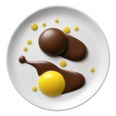 1 Chocolate quenelle and 1 vanilla quenelle on a fine dining glass plate with 3 small drops of yellow sauce as decoration sticker
