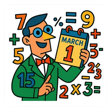 cartoon math guy holding a calendar page for March, surrounded by numbers and equations sticker