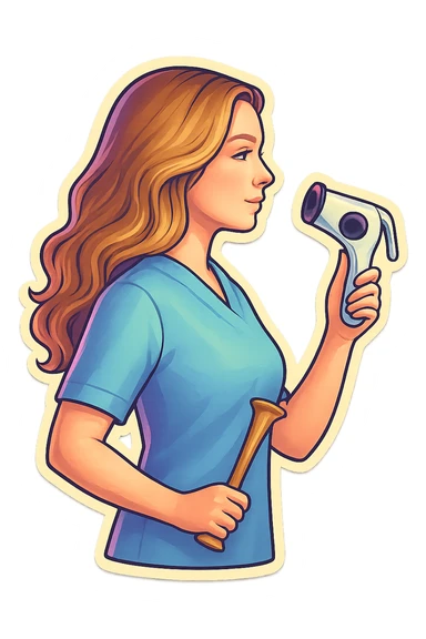 A girl with facial features and light wavy hair as in the reference, wearing a blue medical suit, holding an obstetric stethoscope in one hand, the other hand down, side view, in retro stickers style with thin clean contours, soft rounded shapes, pastel palette, retro sticker aesthetic, detailed shadows and highlights, soft lighting, transparent background. sticker