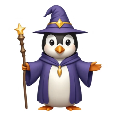 penguin wearing a wizard hat and robe, holding a magic wand sticker